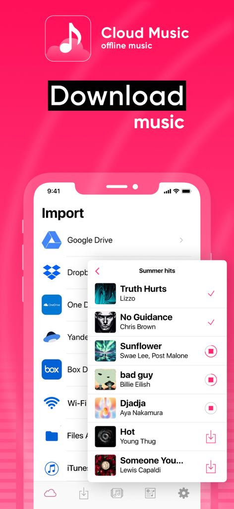 Cloud Music app interface showing music import options from various cloud storages like Google Drive and Dropbox