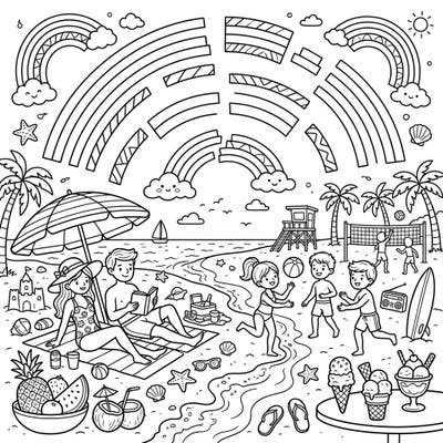 Capture the essence of a perfect summer day with this delightful coloring page, where families enjoy the beach under whimsical broken rainbows. Immerse yourself in a scene filled with playful activities, delicious treats, and endless sunshine, all ready for your creative touch.