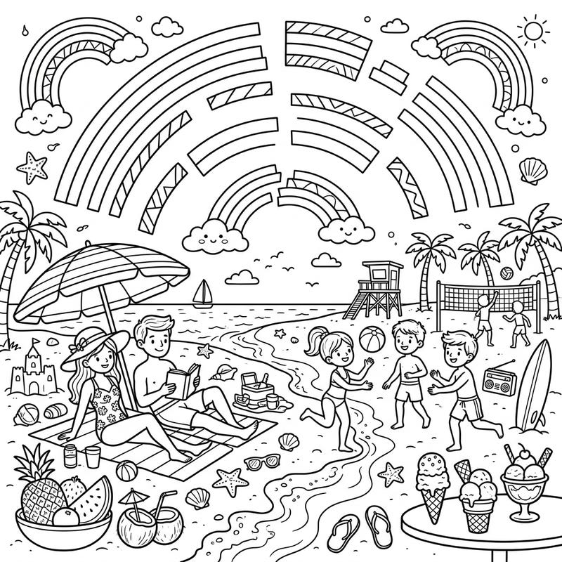 Capture the essence of a perfect summer day with this delightful coloring page, where families enjoy the beach under whimsical broken rainbows. Immerse yourself in a scene filled with playful activities, delicious treats, and endless sunshine, all ready for your creative touch.