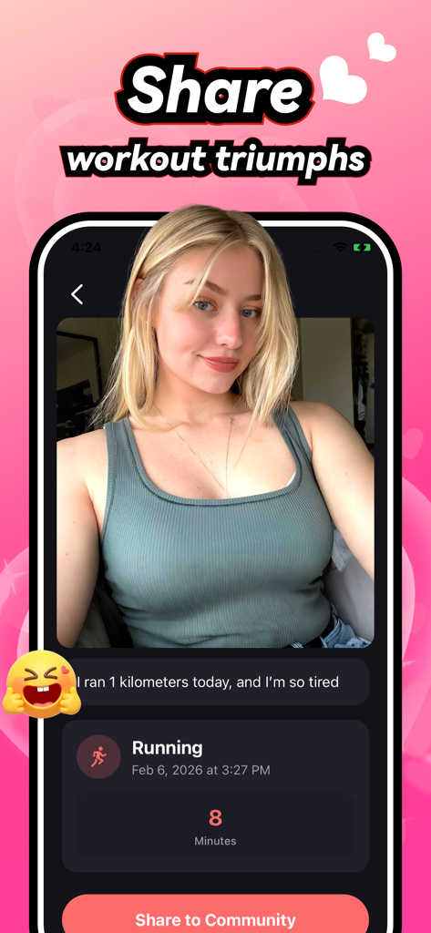 Flexi - Chat&Share - Interface do aplicativo Flexi mostrando um usuário compartilhando um treino de corrida e uma selfie com a comunidade fitness