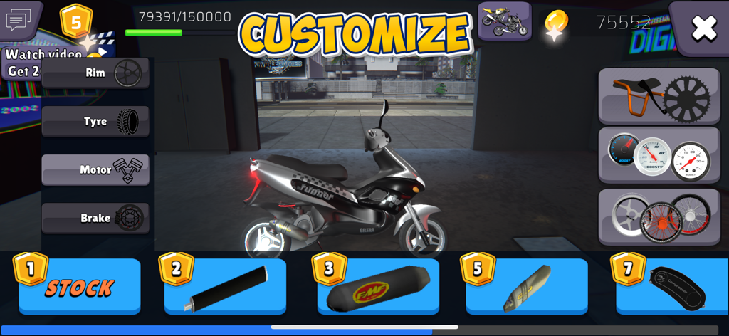 Menu de personalização de moto no jogo Wheelie King 7 mostrando opções de peças de motor e aros para uma scooter prata