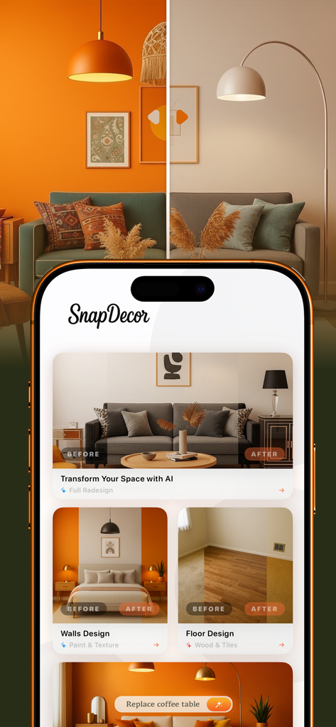 SnapDecor - Decor homestyler - Interface do aplicativo SnapDecor mostrando recursos de reforma e design de cômodos com IA