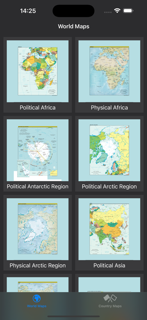 World Maps — Offline Atlas - A grid of regional political and physical maps within the World Maps offline app.