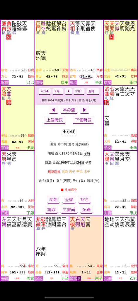 紫微斗數排盤 - Detailed Chinese Purple Star Astrology chart with twelve palaces and star placements