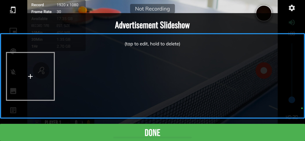 Interface for managing advertisement slideshows in the BT Table Tennis Camera app.