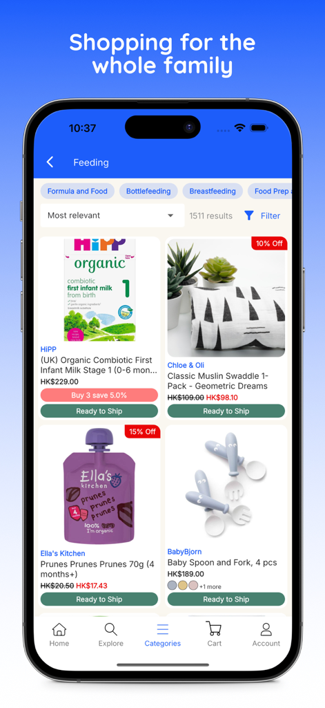 Baby Central mobile App-Oberfläche mit verschiedenen Baby-Produkten für die Ernährung, darunter Bio-Milchnahrung, Babybrei-Beutel und Utensilien.