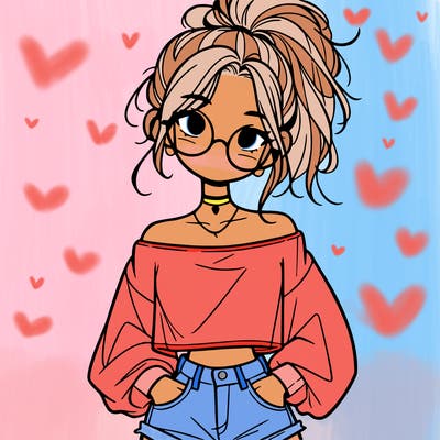 girl with a messy ponytail glasses a baggy crop top and jean shorts