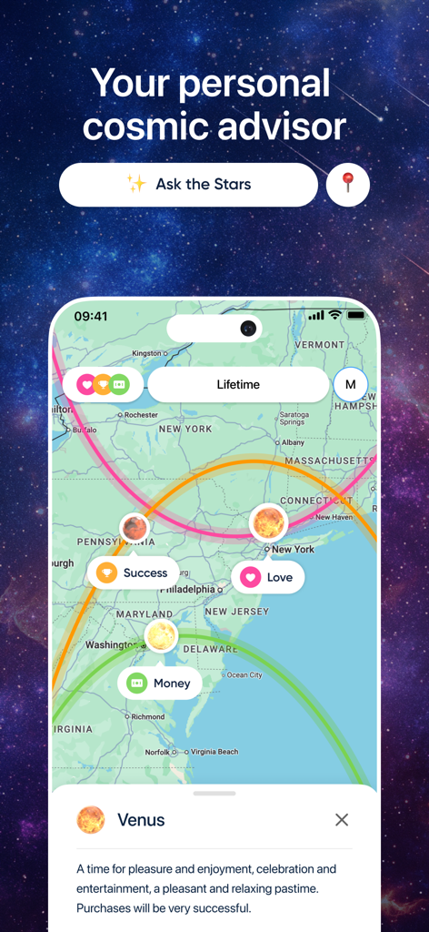 Linea: Astrocartography zodiac - Linea-App-Oberfläche, die eine Astrokartografie-Karte mit Erfolgs- und Liebeslinien über den Vereinigten Staaten zeigt