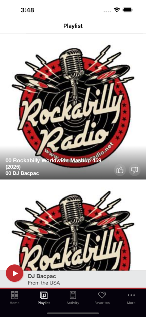 Rockabilly Radio - Interfaccia della playlist dell'app Rockabilly Radio che mostra un logo vintage di microfono e lo show attuale del DJ Bacpac.