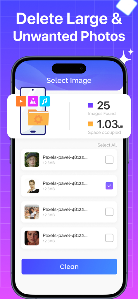 Phone Storage - Junk Removal - A mobile app screen for selecting and deleting large unwanted photos to free up phone storage
