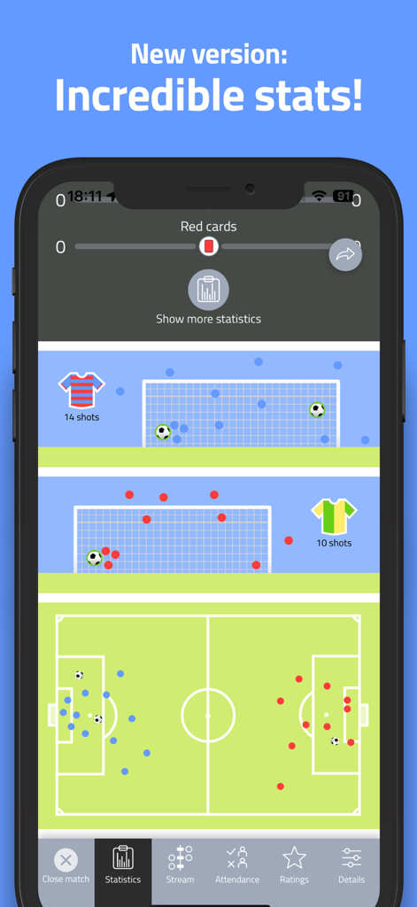 Coach Amigo mobile app interface displaying soccer match statistics and shot visualizations on a digital field.