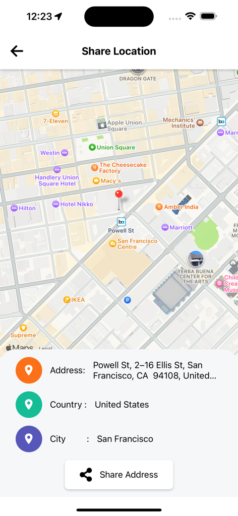 True Caller - Phone Tracker - True Caller app location sharing interface with a map of San Francisco and address details