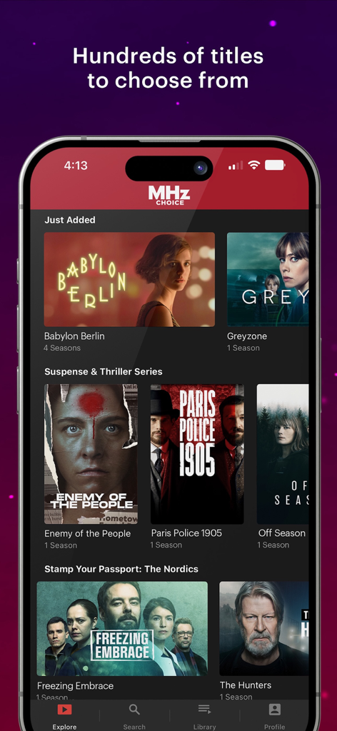 Interface de l'application MHz Choice montrant des séries télévisées et des films internationaux dans plusieurs catégories comme le Nordic Noir et le Suspense.