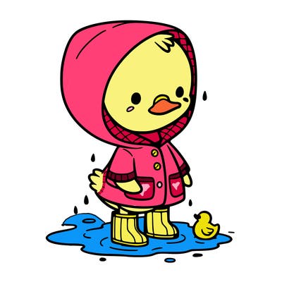 baby duck in a rain coat and boots, in a puddle while it’s raining