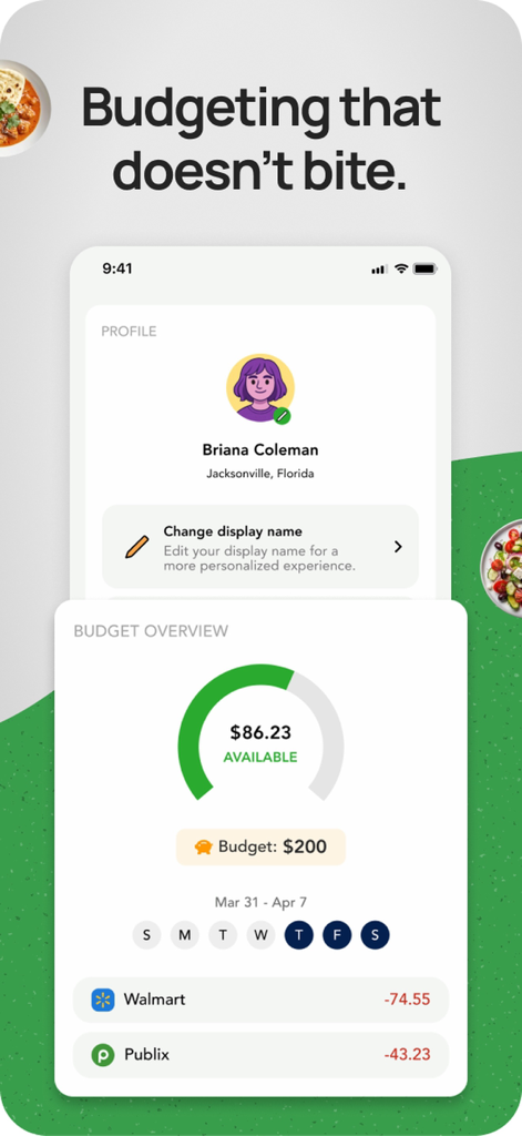 MealMatch AI: Meal Planner - A mobile app screen showing a budget overview with grocery spending from Walmart and Publix