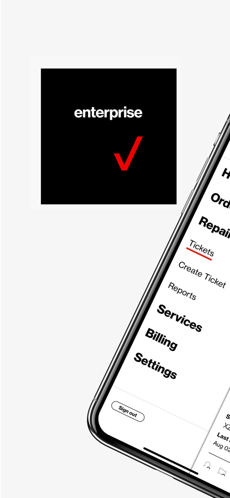 修理チケット、請求、設定のオプションを含むナビゲーションメニューを表示したMy Verizon For Enterpriseアプリのユーザーインターフェース