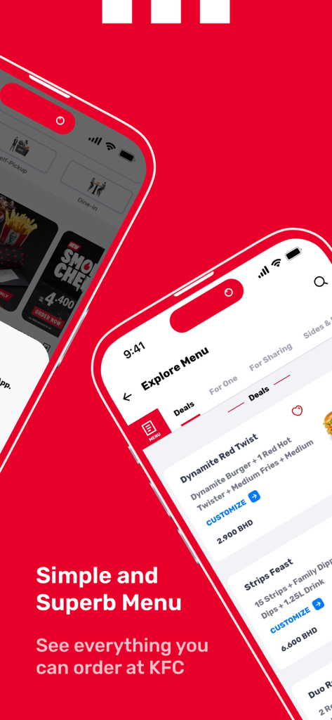 KFC Bahrain app interface displaying menu items and special deals on iPhone screens