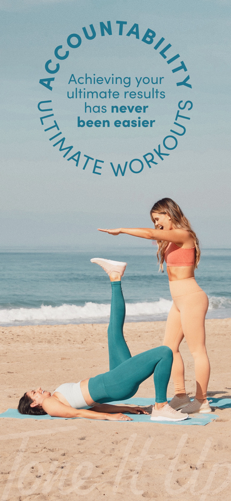 Dos mujeres haciendo ejercicio en una playa soleada con texto sobre responsabilidad y resultados de fitness.
