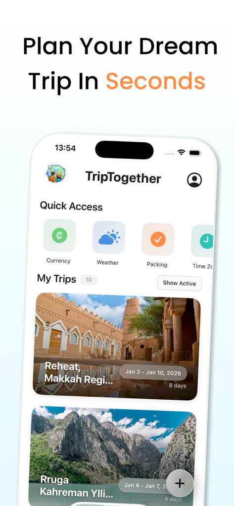 Trip Together: AI Travel Guide - Startbildschirm der mobilen App Trip Together, der Reiseplanungs-Tools und Reisepläne anzeigt