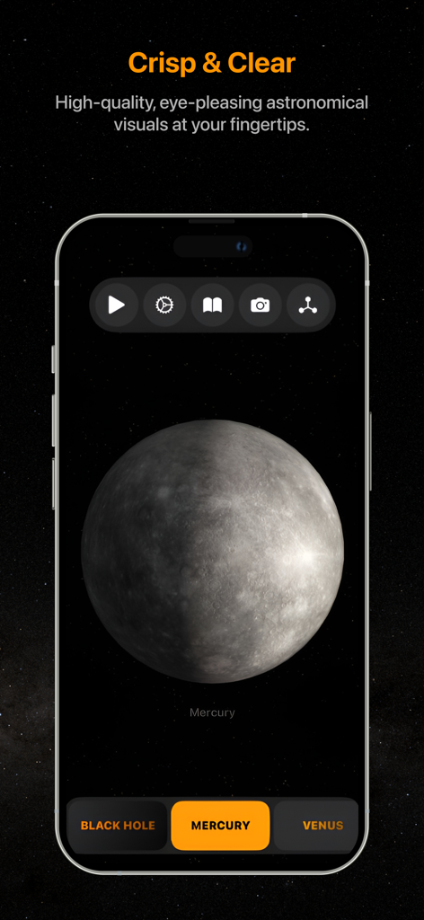 Modelo 3D de alta resolución del planeta Mercurio en la pantalla de un smartphone con controles interactivos