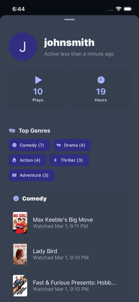 ServerrSeerr - Interface de profil utilisateur de l'application ServerrSeerr affichant les statistiques de temps de visionnage, les genres de films préférés et l'historique de visionnage
