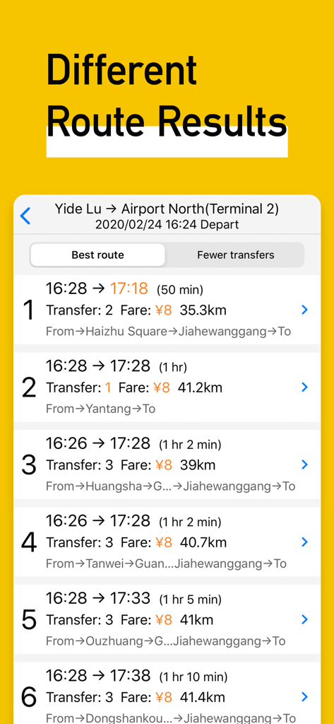 MetroMan China - Interface of the MetroMan China app showing multiple subway route options with travel time and fare in English