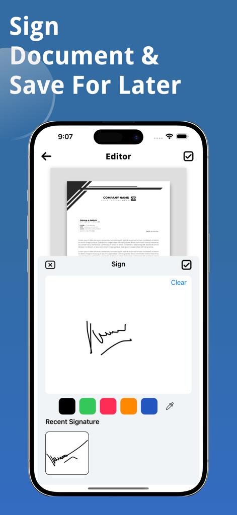 iPhone screen displaying the electronic signature feature in the Printmate app to sign and save digital documents.