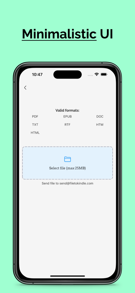 サポートされているファイル形式とファイル選択ボタンを表示する、Kindle用ファイル送信アプリのミニマリストユーザーインターフェイス