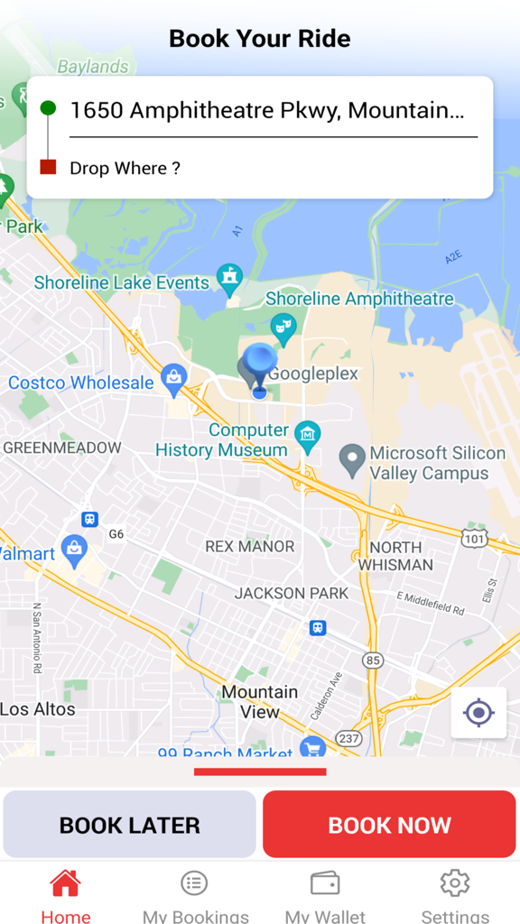 Ja Ride - Interfaz de la aplicación Ja Ride que muestra un mapa de Mountain View y opciones para reservar un viaje ahora o más tarde.