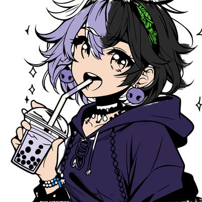 hot baddie anime girl drinking boba and biting the straw