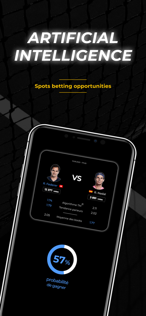 Tennis Metrics - Interfaz de la aplicación Métricas de Tenis mostrando oportunidades de apuestas impulsadas por IA y probabilidad de victoria para el partido Federer vs Nadal