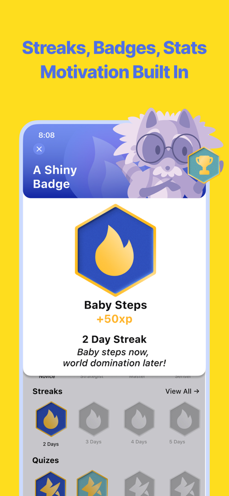 EZ Prep app interface showing study streaks and achievement badges for motivation.