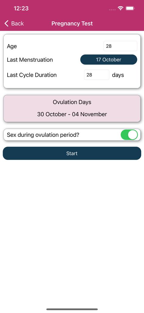 Pregnancy Test Quiz & Checker - Pantalla de la aplicación móvil para un cuestionario de prueba de embarazo con entradas para el ciclo menstrual y el período de ovulación