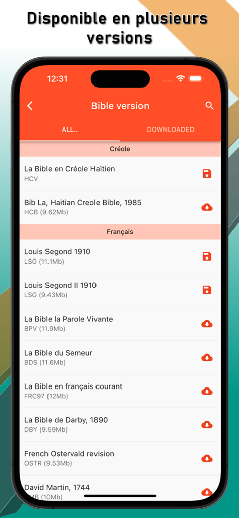 La Sainte Bible Multilangue - A list of available Bible versions in French and Haitian Creole within the La Sainte Bible Multilangue app.