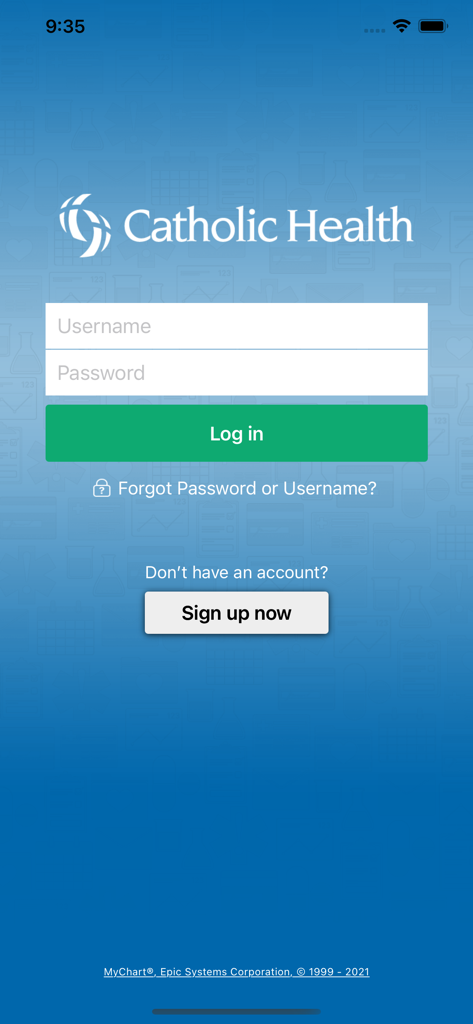 Catholic Health Buffalo - Login screen of the Catholic Health Buffalo MyChart mobile application.