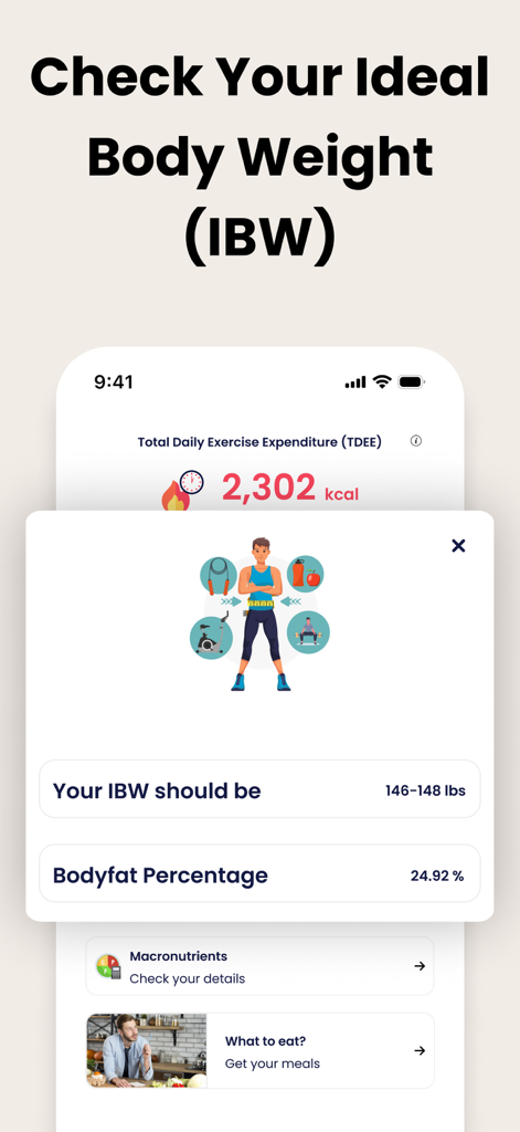 TDEE Calculator - Total Energy - TDEE Calculator app interface showing ideal body weight and body fat percentage results