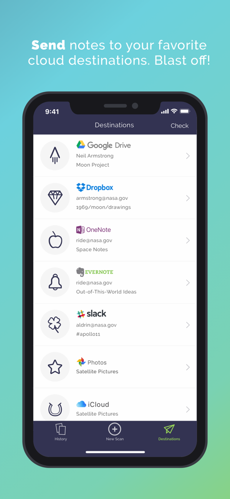 La pantalla de Destinos de la aplicación Rocketbook que muestra integraciones con Google Drive, Dropbox, Slack y otros servicios en la nube utilizando símbolos de atajo personalizados.