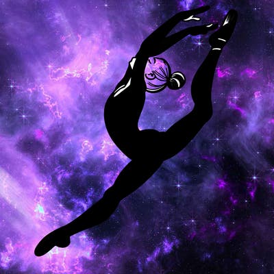 gymnast doing a leap in a leotard with a bent back leg