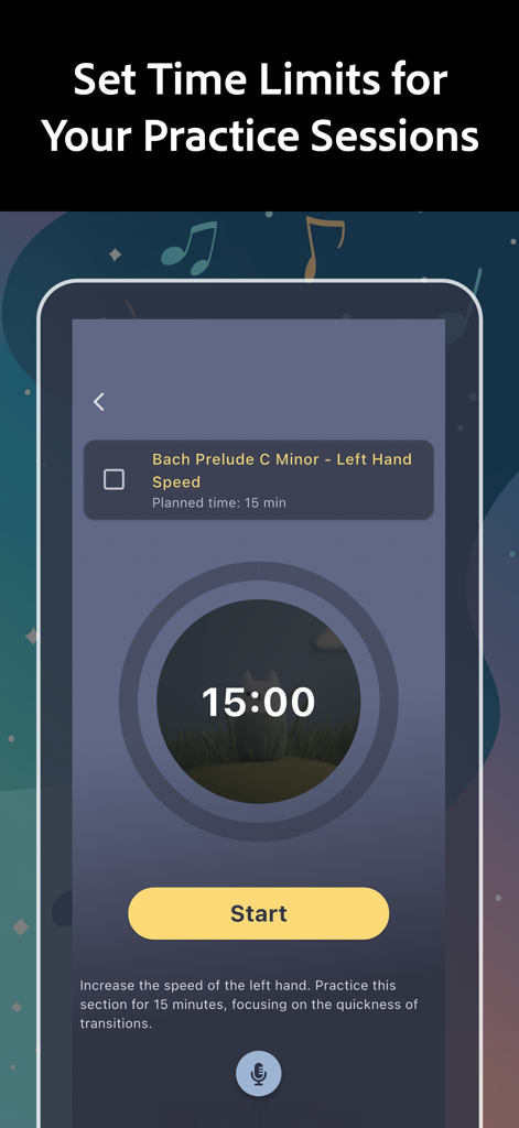 Tompo app interface showing a fifteen minute practice session timer for a musical piece