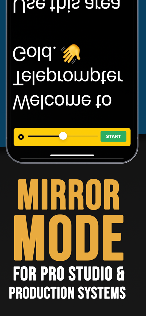 Écran de smartphone présentant la fonction de mode miroir de l'application Teleprompter pour la production vidéo professionnelle