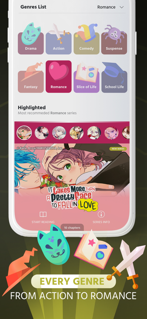 Comikey app screenshot showing different manga genres and a highlighted romance series