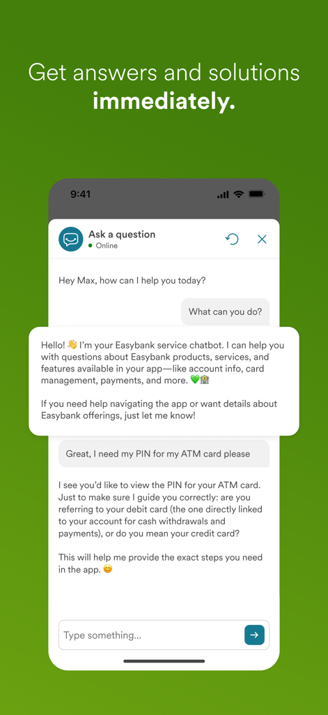 Screenshot des easybank App Service-Chatbots, der sofortige Kundensupport-Lösungen anbietet.