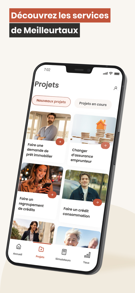 Meilleurtaux – Expert finances - Meilleurtaux app Projects screen displaying mortgage, insurance, and loan options.