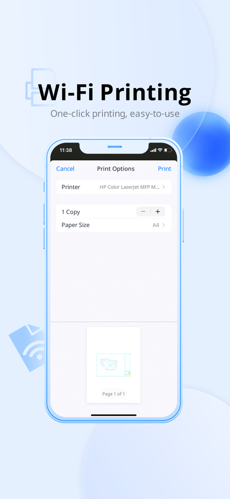 Smartphone-Bildschirm mit WLAN-Druckoptionen für eine CAD-Zeichnung in ZWCAD Mobile