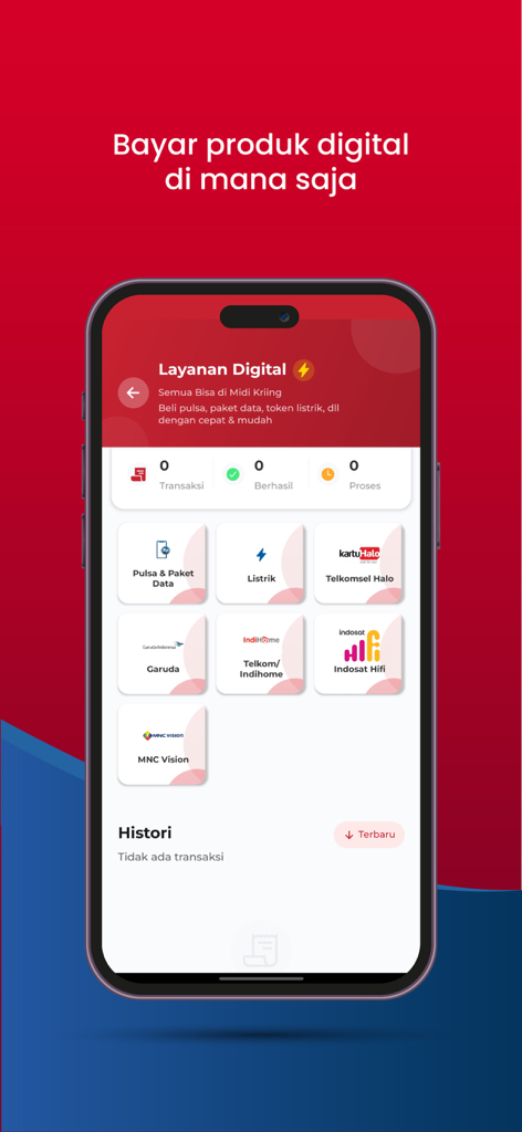 Midi Kriing app screen showing digital service payment options for electricity and phone data