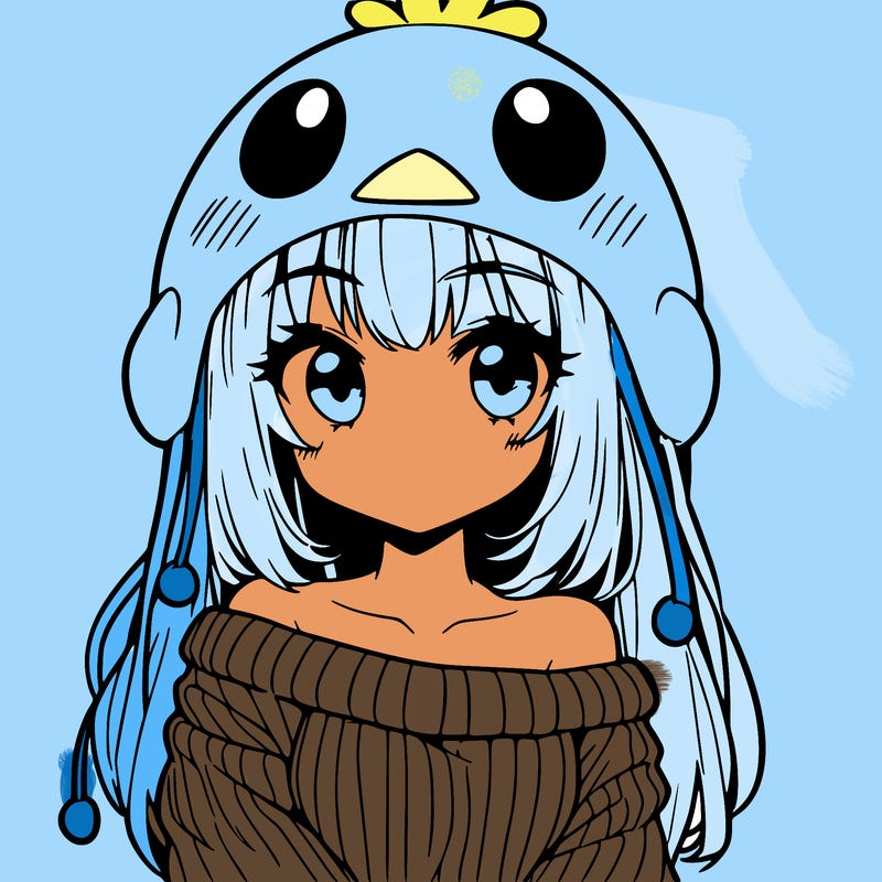 anime girl with chick shaped hat with sweater with bare shoulders with bangs covering them one eye with low tail