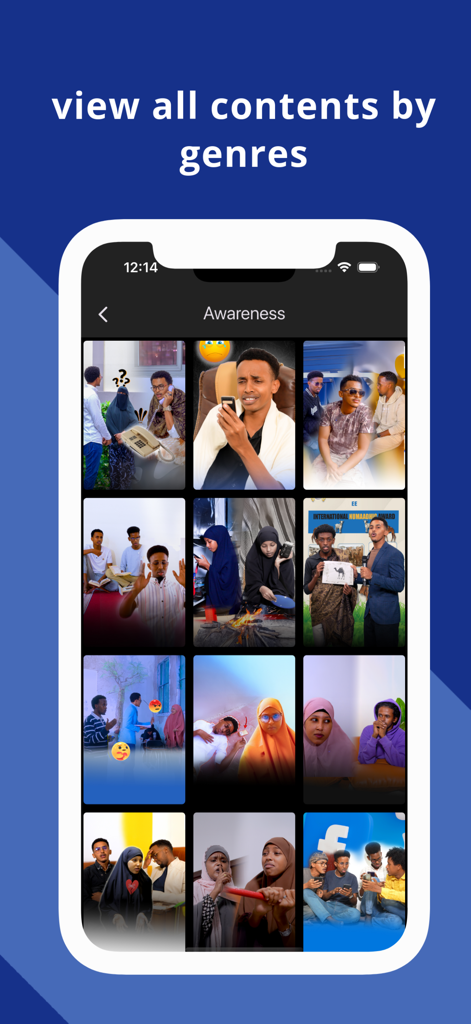 Nasiye mobile app interface showing a grid of video thumbnails under the Awareness genre category