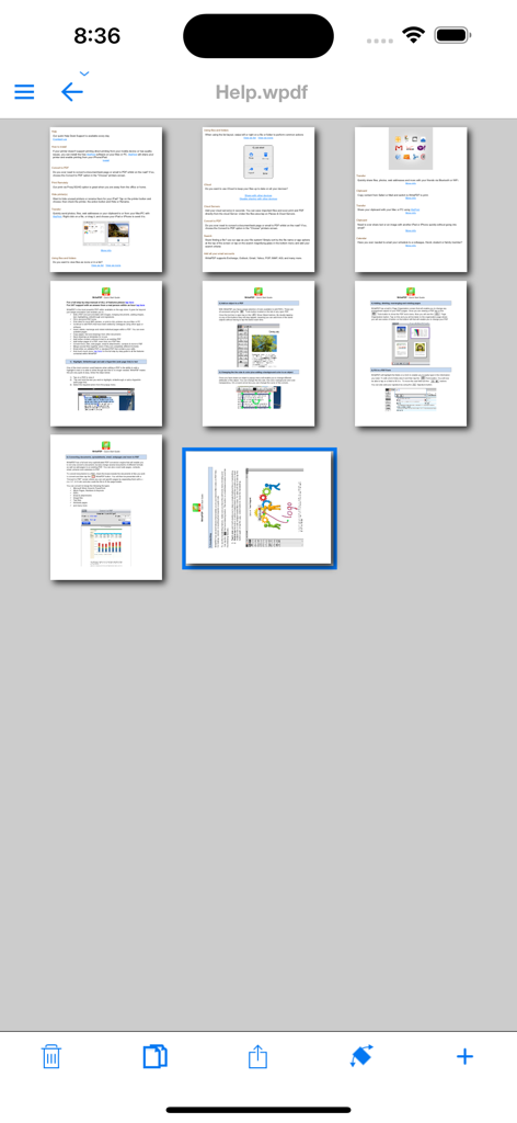 WritePDF iPhoneアプリで、PDFドキュメント内の複数のページのグリッドビュー。