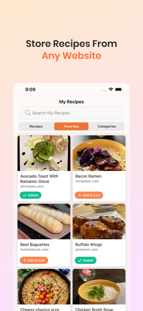 RecipeBox - Save Your Recipes! - The RecipeBox app interface showing various saved recipes from food websites.
