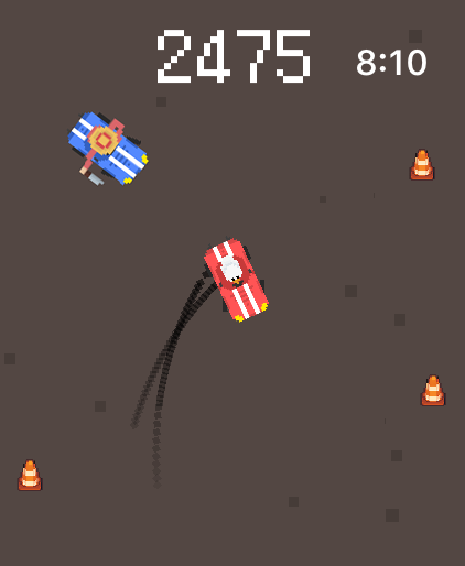 Top down pixel art view of a red duck car drifting away from a blue chase car with a score display